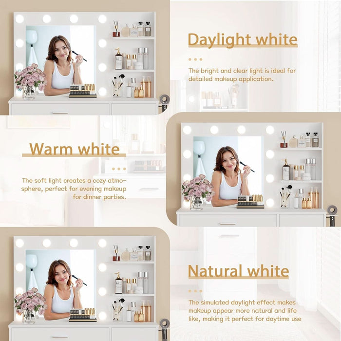 Vanity Desk with LED Lighted Mirror&Power Outlet, Makeup Vanity Table with 4 Drawers, 3 Open Storage Shelves, and 3 Color Modes, for Bedroom (Pure White)