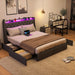Queen Bed Frame with Storage Headboard and 4 Drawer, Metal Platform Bed Frame Queen Size with LED Light, Charging Station, No Box Spring Needed, Noise Free, Easy Assembly, Grey