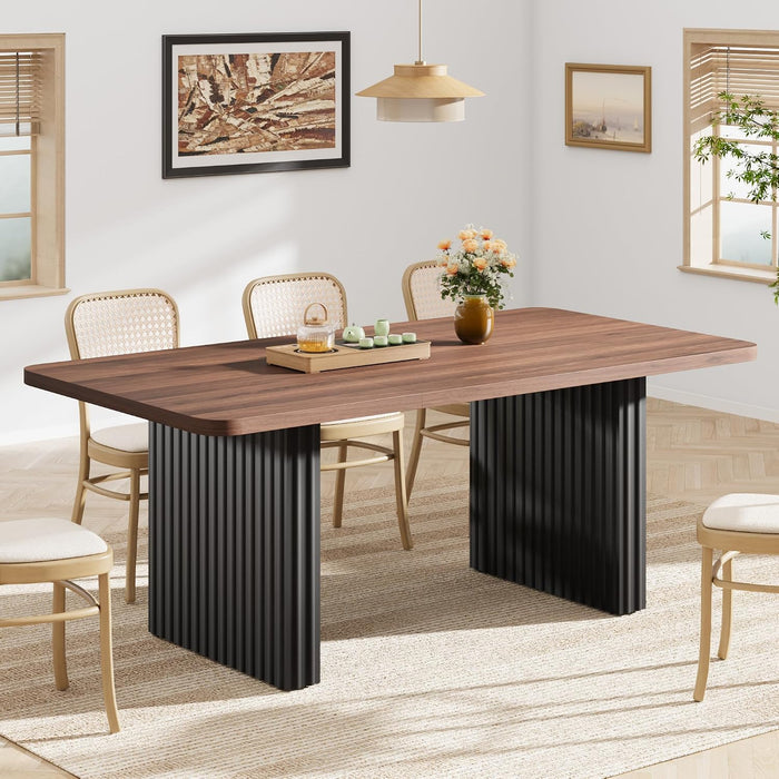 Modern Dining Table for 6-8, 71" Rectangular Farmhouse Kitchen Table with 3.6"×22.9" Black Fluted Wave Metal Legs & Wooden Top, Large Dining Table for Home Office, Dining, Walnut