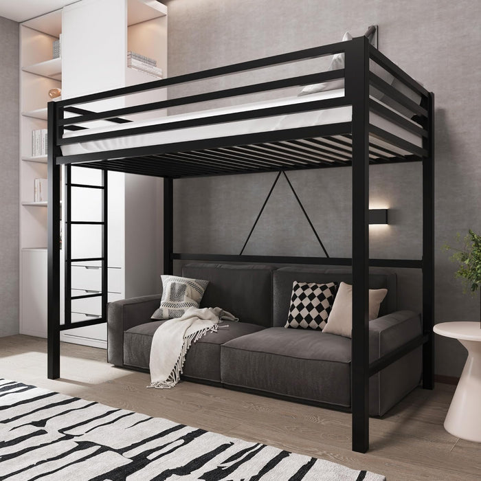 Metal Loft Bed Twin Size with Guardrail and Ladder, Small Space Saving Design for Bedroom Kid Room and Dorm, No Box Spring Needed, Black