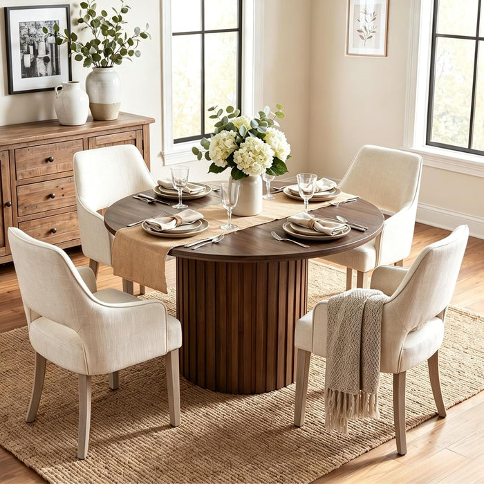 Reclaimed round Pedestal Dining Table, 47" Rustic Wood Kitchen Table for 4-6 People, Farmhouse Circle Dining Table with Fluted Base for Kitchen Dining Room Restaurant, Deep Brown