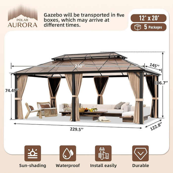 12x20 Polycarbonate Gazebo Dark Brown Aluminum Frame