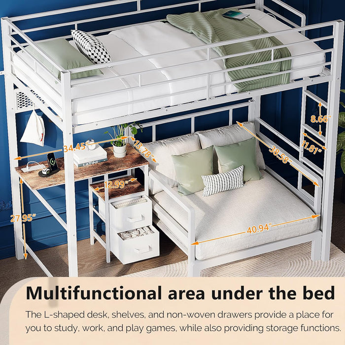 Twin over Twin Bunk Bed with Desk, 15'' Extra High Guardrail Loft Bed with LED Lights,2 Charging Station,And 2 Storage Drawers,2 Deckers Bed,Metal Space Saving Platform Bed with Vanity,White
