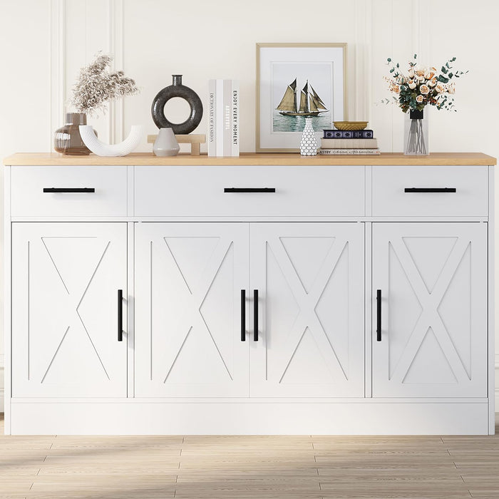 Buffet Cabinet with Storage,53.4" Large Kitchen Storage Cabinet with 3 Drawers and 4 Doors,Wood Farmhouse Buffet Sideboard with Adjustable Shelf for Kitchen Living Room, White