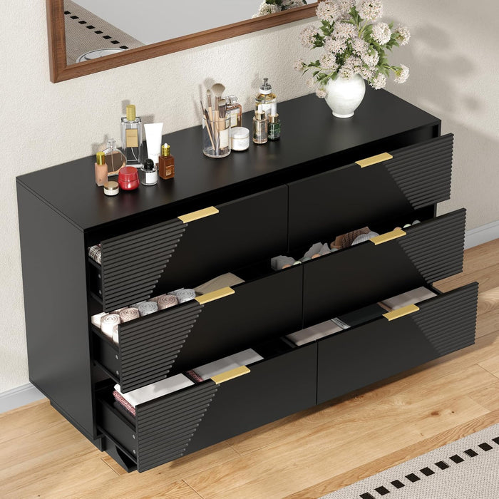 47.24" Wide Dresser for Bedroom, 6 Drawer Black Dresser with Fluted Design & Gold Metal Handle, Chest of Drawers Dressers with Sturdy Base, Wood Dressers for Bedroom, Living Room, Hallway