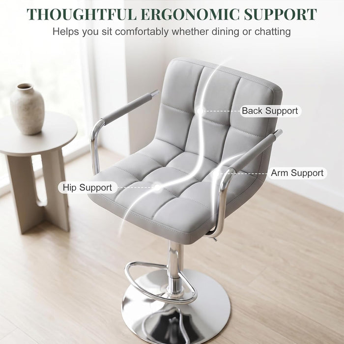 Bar Stools Set of 4, 24-26'' Adjustable Swivel Bar Chairs, Grey | PU Leather Counter Height Barstool with Back Support & Armrest for Kitchen Island, Dining Room