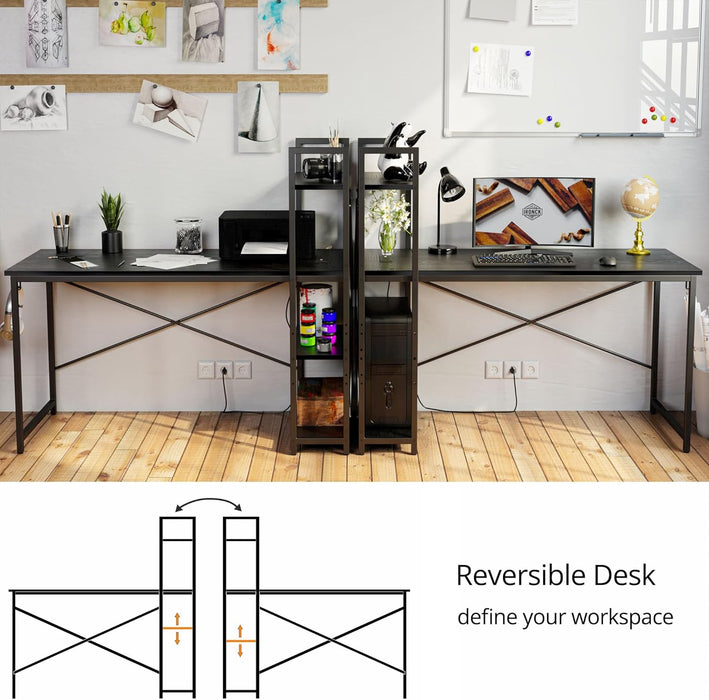 Computer Desk 55" with Power Outlet and Storage Shelves, Study Writing Table with USB Ports Charging Station, PC Desk Workstation for Home Office, Black