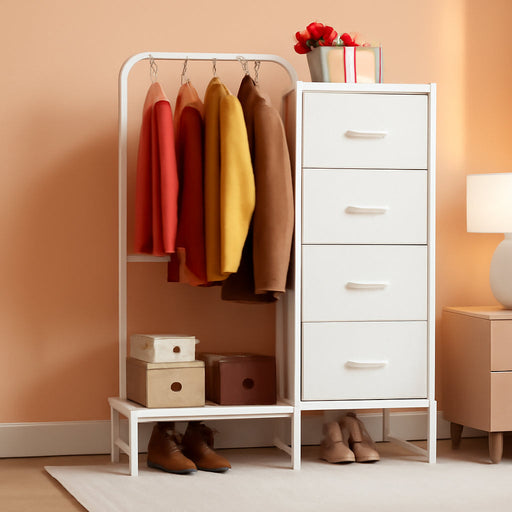 Dresser with Hanging Rack, Small Dresser 4 Drawers for Bedroom, Kids Dresser Reversable for Closet with Clothes Rack, Tall Chest of Fabric Drawers, Sturdy Frame, White, 44''H