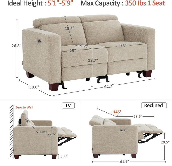 62.2'' Wall Hugger Power Loveseat Recliner Sofa with Adjustable Headrest and USB & Type C Dual Charge Ports for Living Room, Office (Fabric, HL198M1) (Beige)
