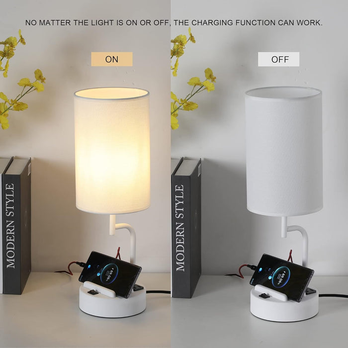 Table Lamp with 3 USB Charging Ports, Modern Desk Lamp with AC Outlet and Phone Stands, Perfect Bedside Lamp for Bedroom, Living Room, Office (Pack of 2), White