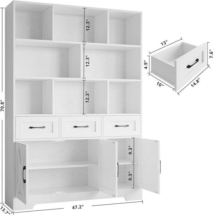 Bookshelf with Drawers & Doors, Tall Bookshelf with Storage, Bookcase with Cabinets for Home Office, Living Room, White