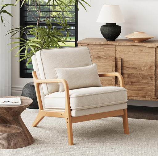 Beige Mid Century Upholstered Armchair Lumbar Pillow