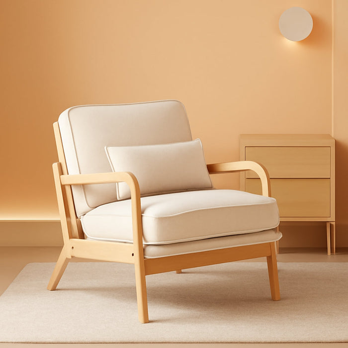 Beige Mid Century Upholstered Armchair Lumbar Pillow