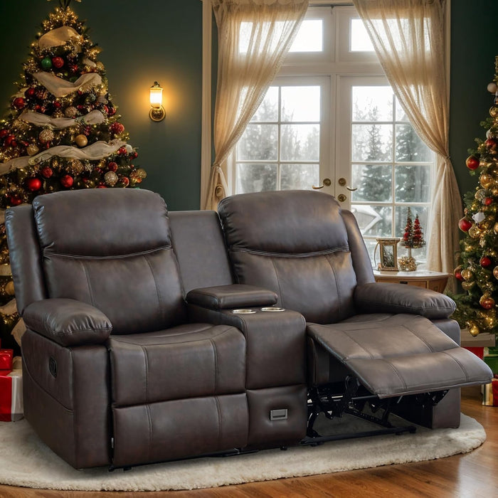 Loveseat Recliner, Reclining Loveseat with Console, Double Reclining Loveseat, 2 Seater Manual Reclining Couch for Living Room, Office, Home Theater(Pu-Brown)