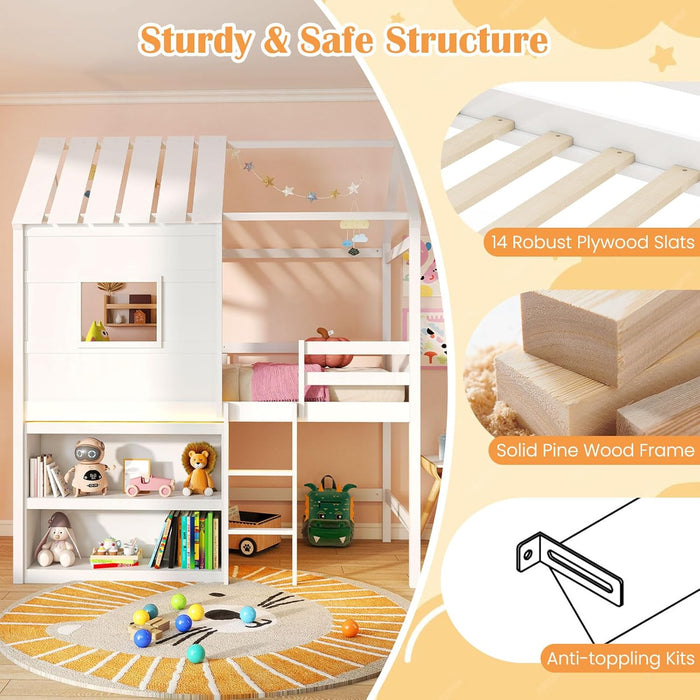 Twin Size Loft Bed with LED Lights, House Bed with Roof, Window & Storage Bookshelf, Solid Wood Bed Frame with Ladder, Safety Guardrails, Under-Bed Play Space, for Kids Boys Girls, White