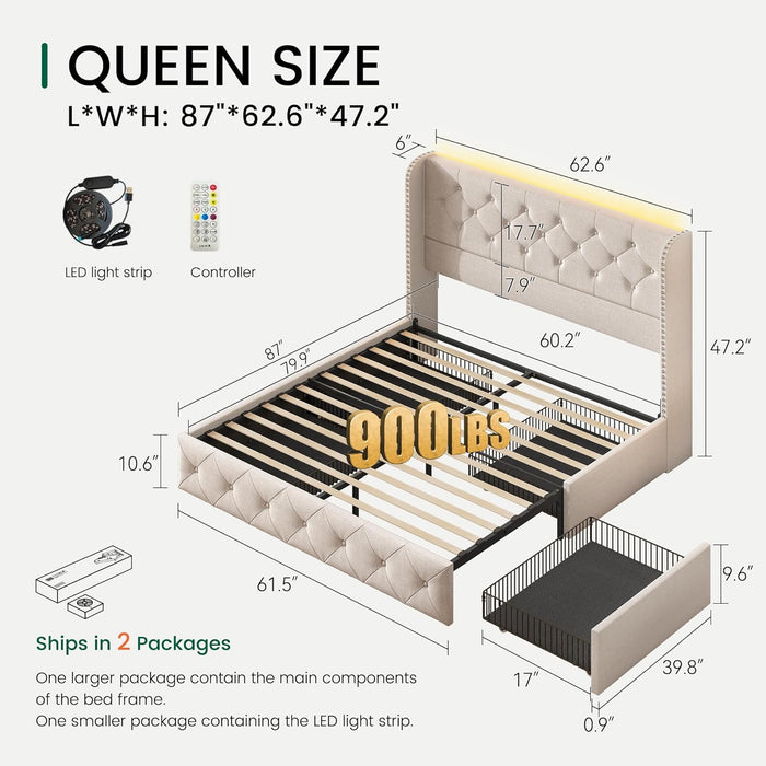 Queen Size Bed Frame with LED Lights and 4 Storage Drawers Linen Upholstered Platform Bed Frame with Tufted Headboard Wingback, No Box Spring Needed, Easy to Assemble, Beige
