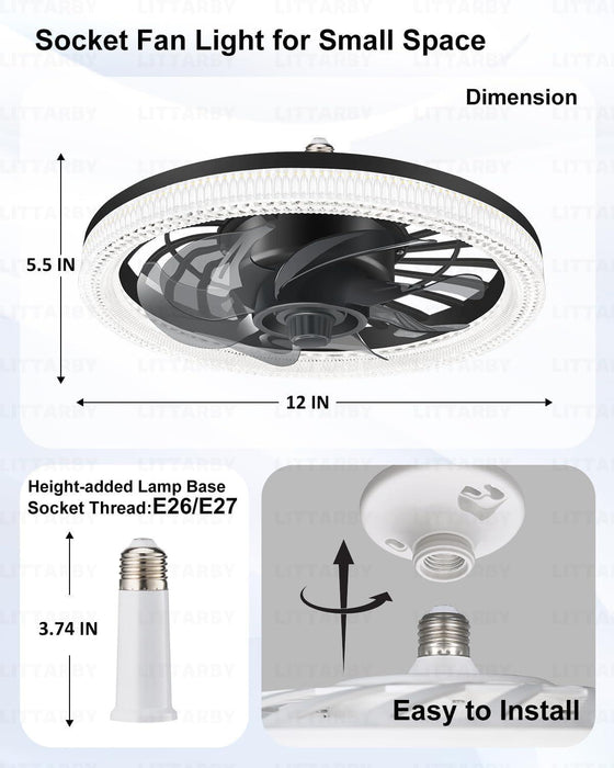 Ceiling Fans with Lights, Socket Fan Light with Remote Control, Dimmable Brightness 3000K-6500K Memory, Socket Modern Flush Mount Low Profile Ceiling Fan for Bedroom, Small Living Room, Kitchen Black