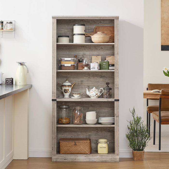 70" Grey Tall Bookcase, 5 Tier Wooden Standing Farmhouse Bookshelf