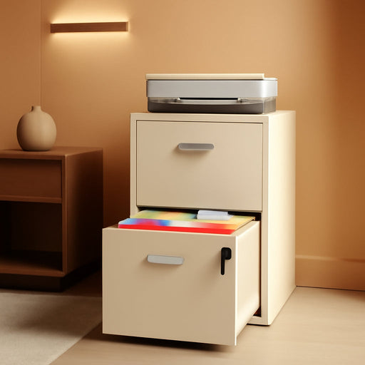 2 Drawer File Cabinet with Lock,Cream Metal Filing Cabinets,Vertical Locking File Cabinet Fit Hanging Files, Letter,File Box and A4 Documents(Cream)