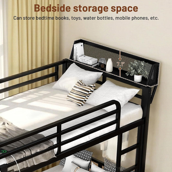 Bunk Bed with Reversible Foldable Desk,Upper Bunk Storage and 2 Storage Drawers Twin XL Bunk Bed with LED Lights and Charging Station,Bunk Beds with Safety Guardrail & 4 Hooks,Space-Saving, Black