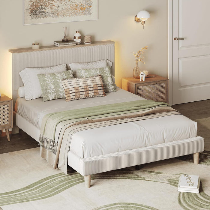 Full Bed Frame with Adjustable Headboard & LED, Upholstered, Beige