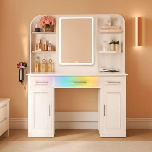Vanity Desk with Mirror & Lights, 42" Large Farmhouse Vanity with RGB Lights & 3 Drawers, Makeup Dressing Table with Charging Station, 3 Lighting Modes for Women Girls Bedroom