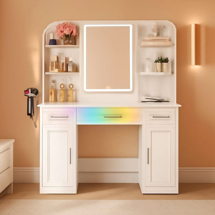 Vanity Desk with Mirror & Lights, 42" Large Farmhouse Vanity with RGB Lights & 3 Drawers, Makeup Dressing Table with Charging Station, 3 Lighting Modes for Women Girls Bedroom
