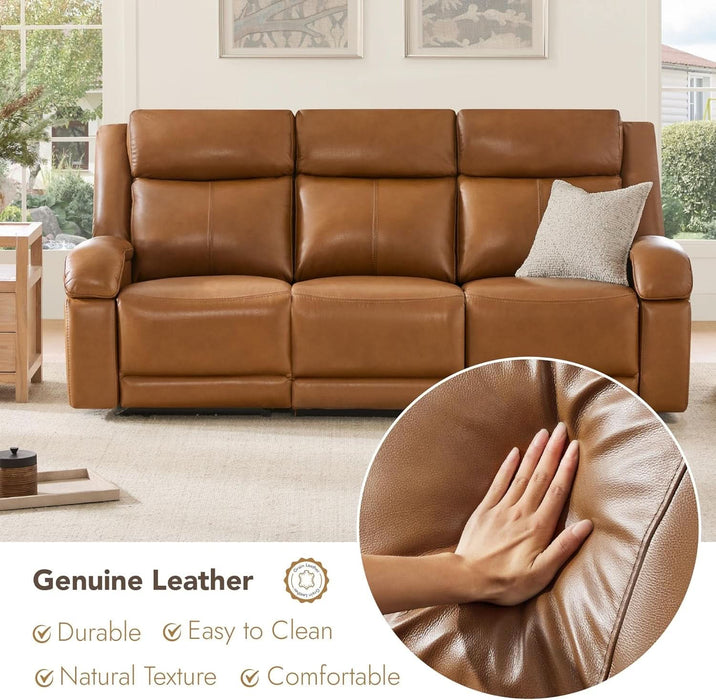 Genuine Leather Power Recliner Sofa, 3 Seater Wall Hugger Reclining Sofas with Power Headrest, USB & Typec Ports, Electric Recliner Couch Set for Living Room, Saddle Brown