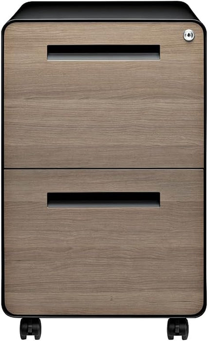 Stockpile 2 Drawer Mobile File Cabinet with Lock - under Desk Metal Filing Cabinet, Legal/Letter File Folders, Wheels and Stationary Feet, Pre-Assembled, Black/Wood