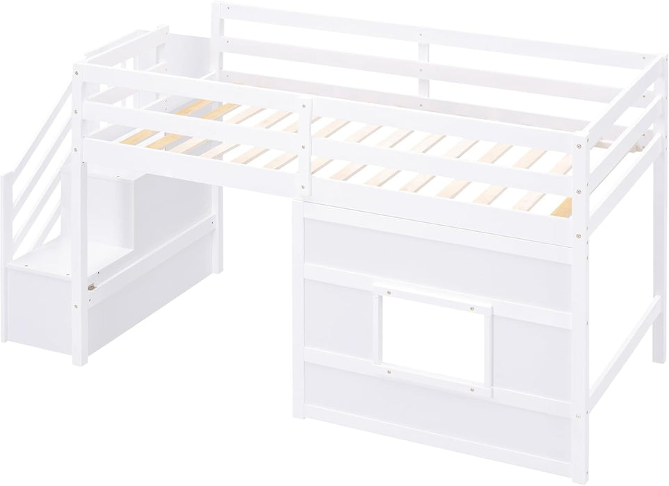 Low Loft Bed with Stairs, Twin Size Storage Loft Bed Frame with Staircase and Window, Wood Kids Loft Bed with Steps for Boys Girls Teens, White