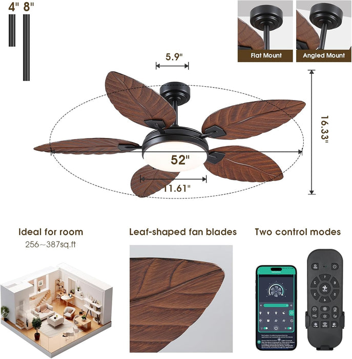 52 Inch Tropical Ceiling Fans with Lights and Remote,Outdoor Palm Leaf Ceiling Fan for Patios Porch Bedroom, Dimmable, 6 Speeds, Reversible, Dark Brown