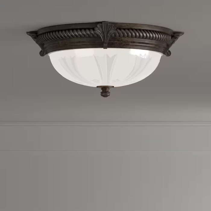 Bercello Estates 15 In. 2-Light Volterra Bronze Flush Mount with Etched Glass Shade