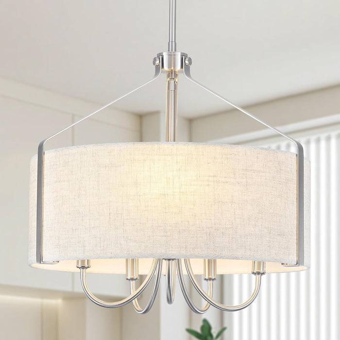 5-Light Drum Chandelier for Dining Room 18" Farmhouse Pendant Light with Linen Lampshade – Brushed Nickel Chandelier for Kitchen Island, Living Room, Bedroom, Entryway & Foyer