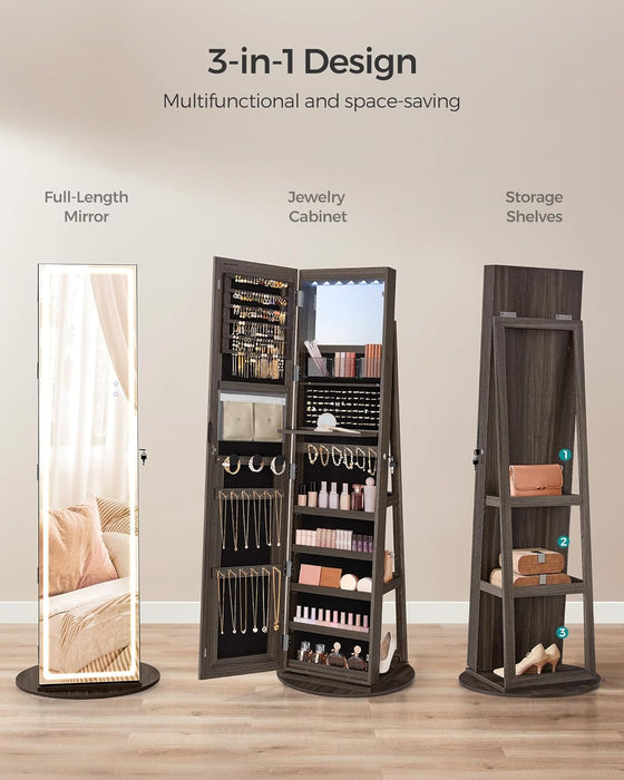 LED Mirror Jewelry Cabinet Standing, Lockable Jewelry Armoire with Full-Length Mirror and Adjustable LED Lights, Space-Saving Jewelry Organizer with Mirror, Gift Idea, Ash Brown UJJC008K02