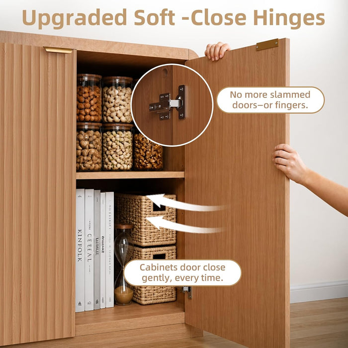59" Fluted Buffet Cabinet Sideboard with Ample Storage, Natural Oak | Adjustable Shelves, Soft-Close Hinges, Anti-Tip Device, Thick Sturdy Panels, Rounded Edge, Sturdy Structure, Easy Assembly