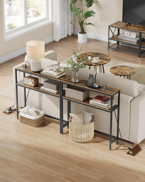 Console Table with Power Outlet, 2-Tier Narrow Sofa Table with 2 Shelves, 7.9 X 31.5 X 31.5 Inches, for Living Room, Hallway, Entryway, Rustic Brown and Ink Black ULNT135K01