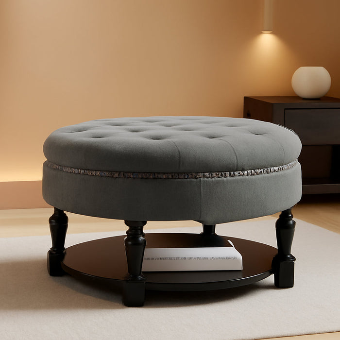 31.5" Large round Ottoman Coffee Table with Storage, Upholstered Button Tufted Linen Ottoman, Large Shelf Storage with Solid Wooden Legs for Living Room，Dark Gray