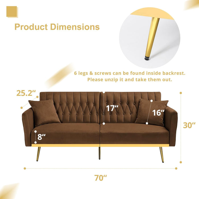 2 Pieces Velvet Sofa Set with Adjustable Armrest and Backrest, 70” Convertible Futon Sofa Bed & Mordern Accent Chair with Ottoman for Living Room, Bedroom, Brown