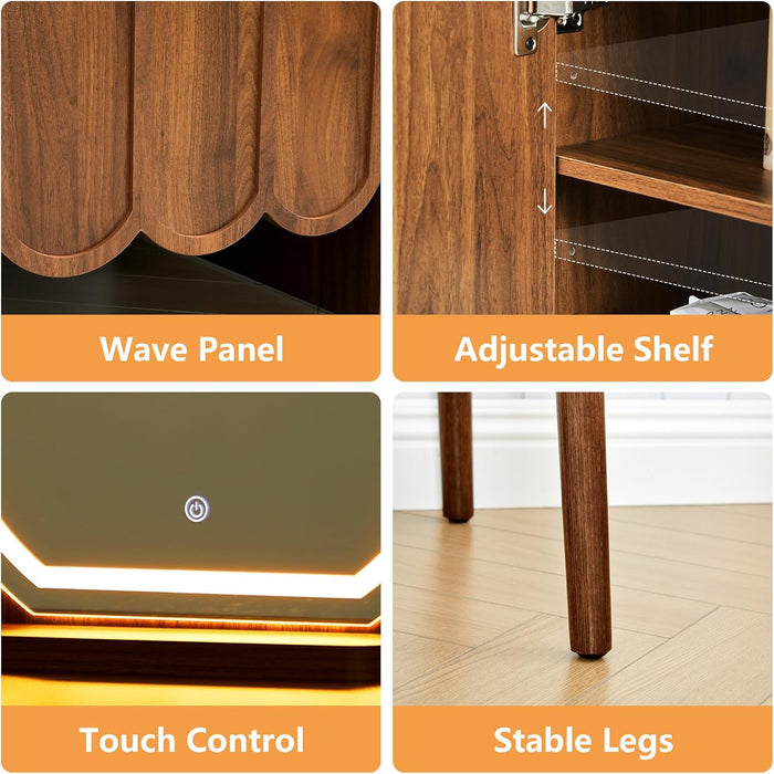 Vanity Desk with Mirror and Lights, Modern Wood Wave Panel Vanity Desk Set Makeup Table with Drawers and Cabinet, Dressing Table with Storage for Bedroom, Walnut