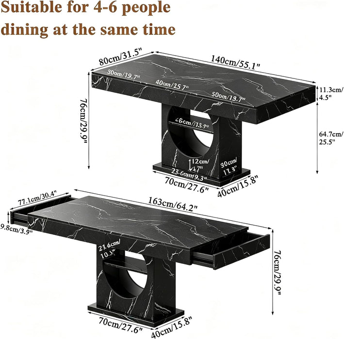 Dining Table for 4-6 People, 55 Inches Dinner Table with Drawers and Open Storage, Wooden Pedestal Base, Rectangular Farmhouse Kitchen Table for Kitchen, Living Room (Marble Black)