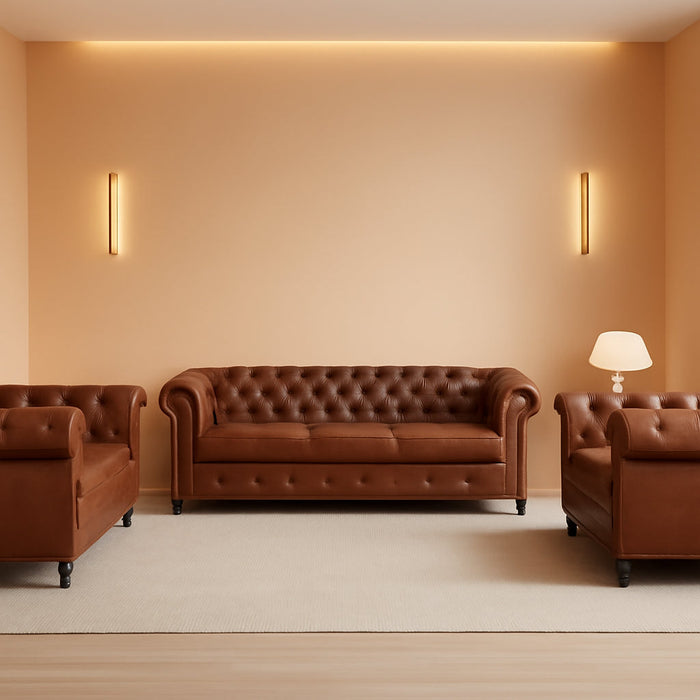 3 Piece Living Room Sofa Set, Chesterfield 3 Seat Sofa Loveseat Sofa Armchair, Modern Leather Couch Set with Rolled Arms and Nailhead Upholstered for Living Room, Office and Apartment, Brown