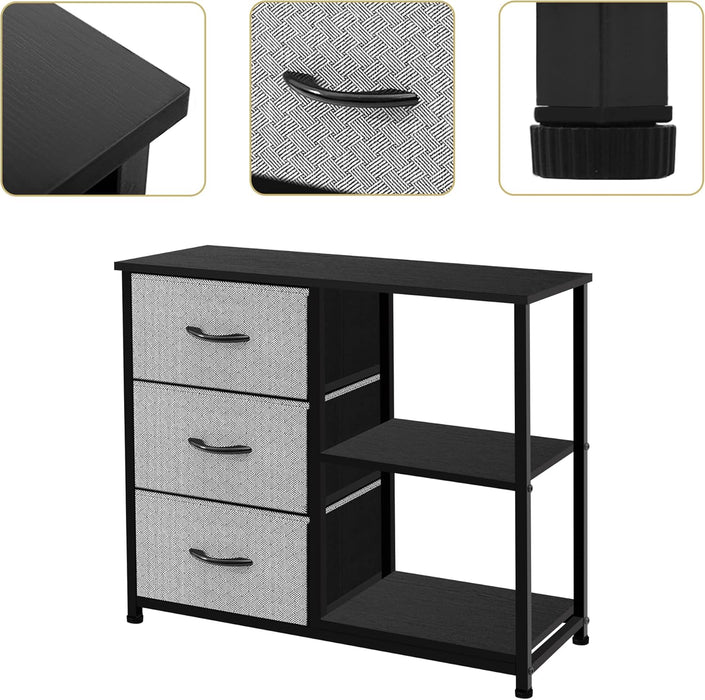 Rustic Brown Fabric Dresser, 4 Drawer Organizer Unit with 2 Shelves, Storage Chest for Bedroom, Entryway, Hallway, Living Room, Office, Grey with Black