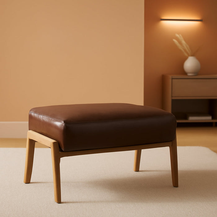 Rectangle Ottoman Bench Set of 2, Modern Coffee Leatherette Footstool with Walnut Rubberwood Legs for Living Room, Bedroom