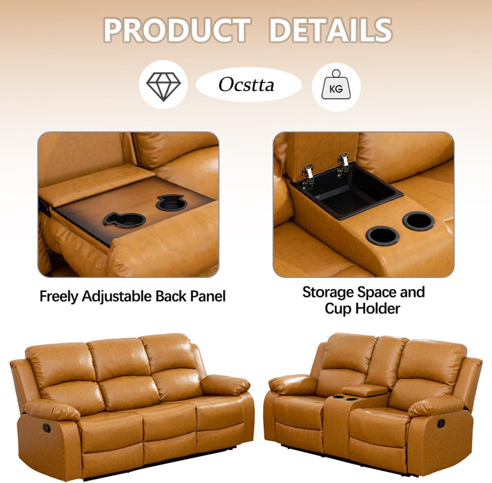 Manual Leather Recliner Sofa Set for Living Room Furniture Set,Leather Recliner Couch Set for Home/Office,Leather Couch Set for 3-Pieces(Sofa+Loveseat+Chair) Ginger, Sofa+Lovsesat+Chair