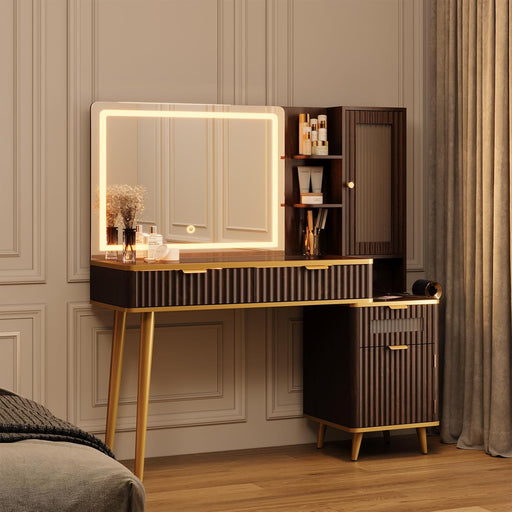 Fluted Makeup Vanity Desk with Mirror and Lighits, 48" Modern Glass Top Vanity Table with Charging Station, Vanity Mirror with Adjustable Brightness, Dressing Table for Bedroom, Dark Walnut