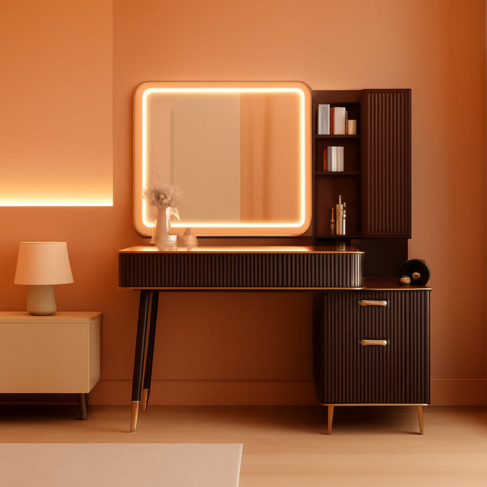 Fluted Makeup Vanity Desk with Mirror and Lighits, 48" Modern Glass Top Vanity Table with Charging Station, Vanity Mirror with Adjustable Brightness, Dressing Table for Bedroom, Dark Walnut