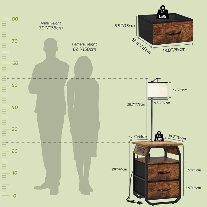 Floor Lamp with Table, End Tables with Lamps Attached 3-Color Temperature Bulb, Side Table with Lamp with 2 Drawers & Charging, Lamps Tables Combo for Bedroom, Dorm, Apartment - Rustic Brown