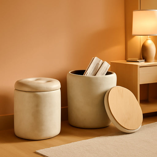 Faux Leather round Ottoman with Storage 12.6" W X 14.17" H & 14.76" W X 17.32" H Set of 2, Small Boucle Coffee Table Footstool with Removable Lid for Living Room, Bedroom, Beige