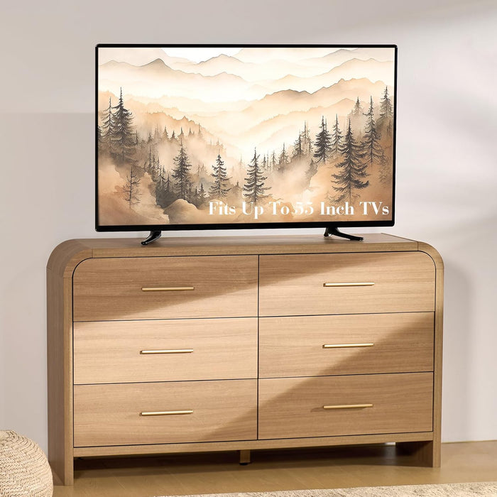 Curved 6-Drawer Dresser for Bedroom, 54" Wide Modern Chest of Drawers, Vanity Desk TV Stand for Living Room, Closet Storage Drawers Coffee Table Bedside Table End Table, Oak