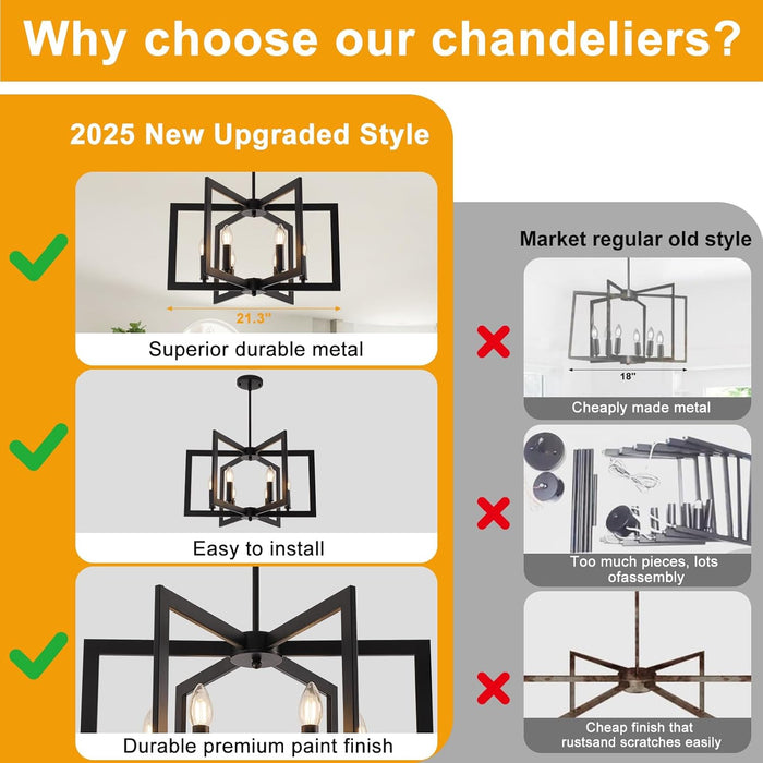 21.6" Black Farmhouse Chandelier,6-Light Geometric Dining Room Fixture,Modern Industrial Foyer Lighting Fixtures,Rustic Farmhouse Hanging Pendant Lights for Kitchen Island,Living Room,Bedroom,Entryway